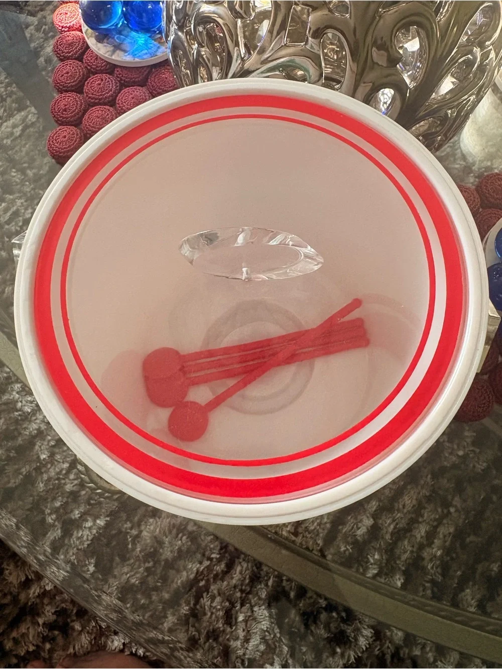 Saltera Vintage plastic Ice Bucket Canister with Green Christmas Tree Print